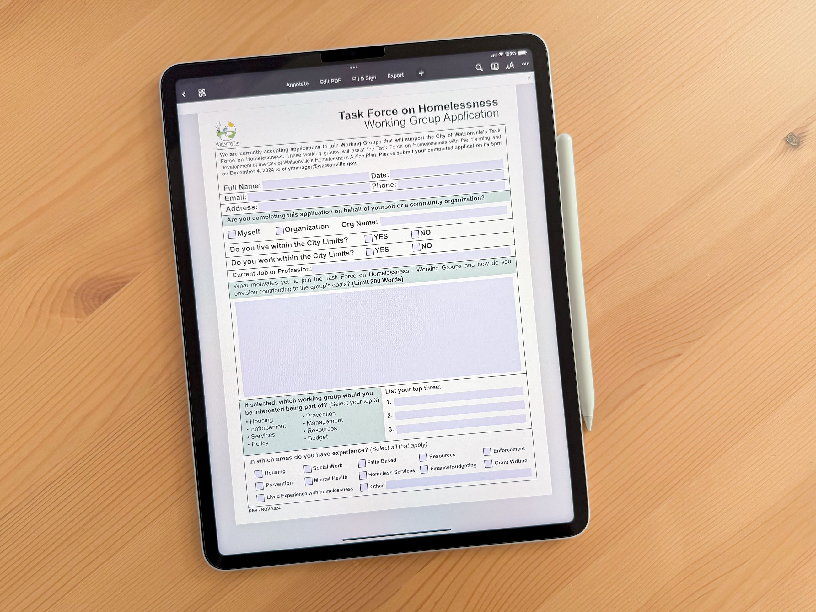 iPad with Homeless Task force application 