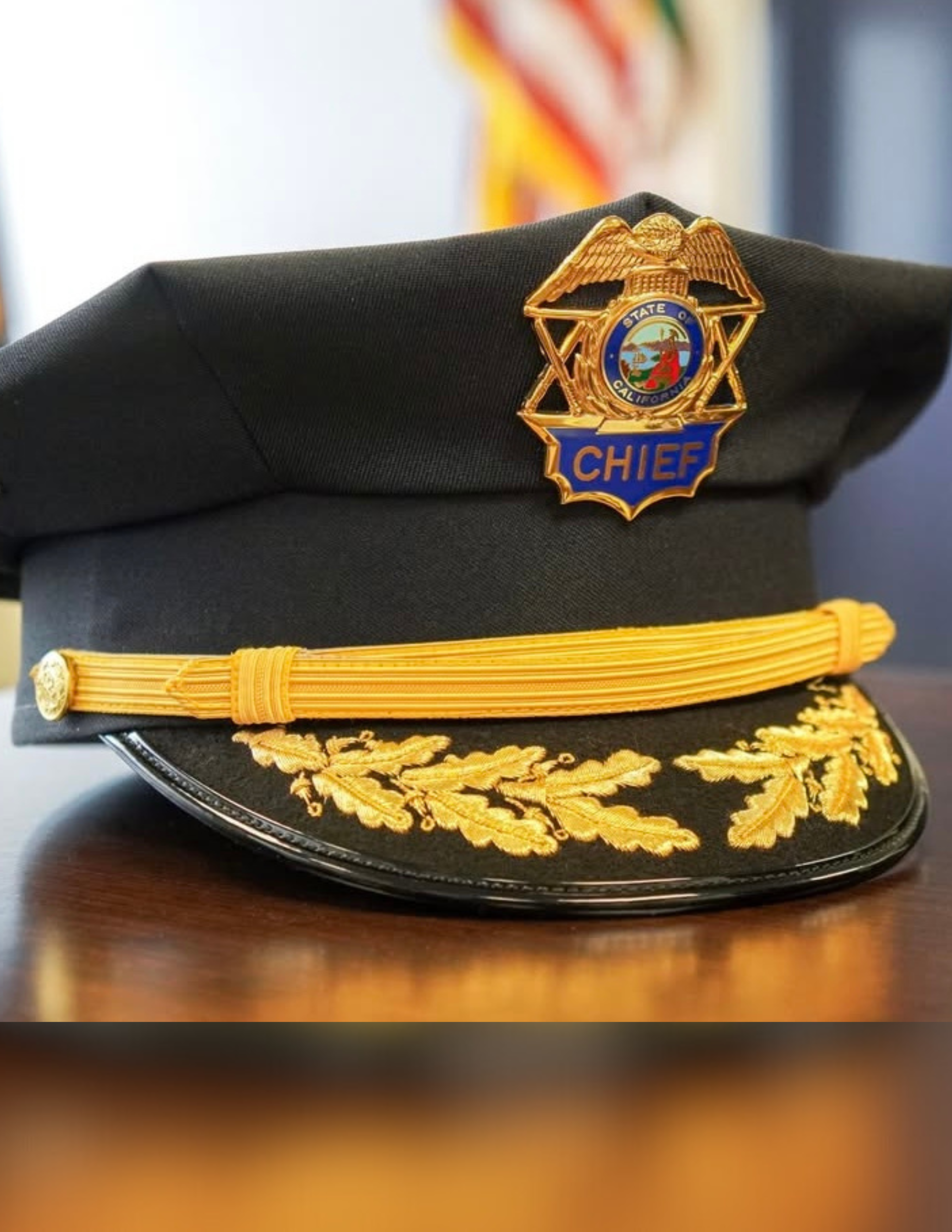 Photo of Chief's hat on a desk. 