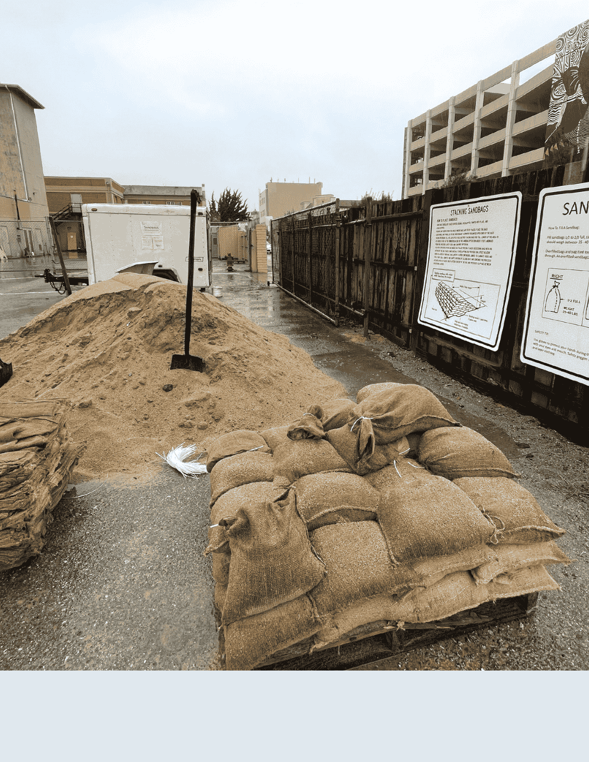 Sandbag station at fire station 1, shovel, bags and sand on display
