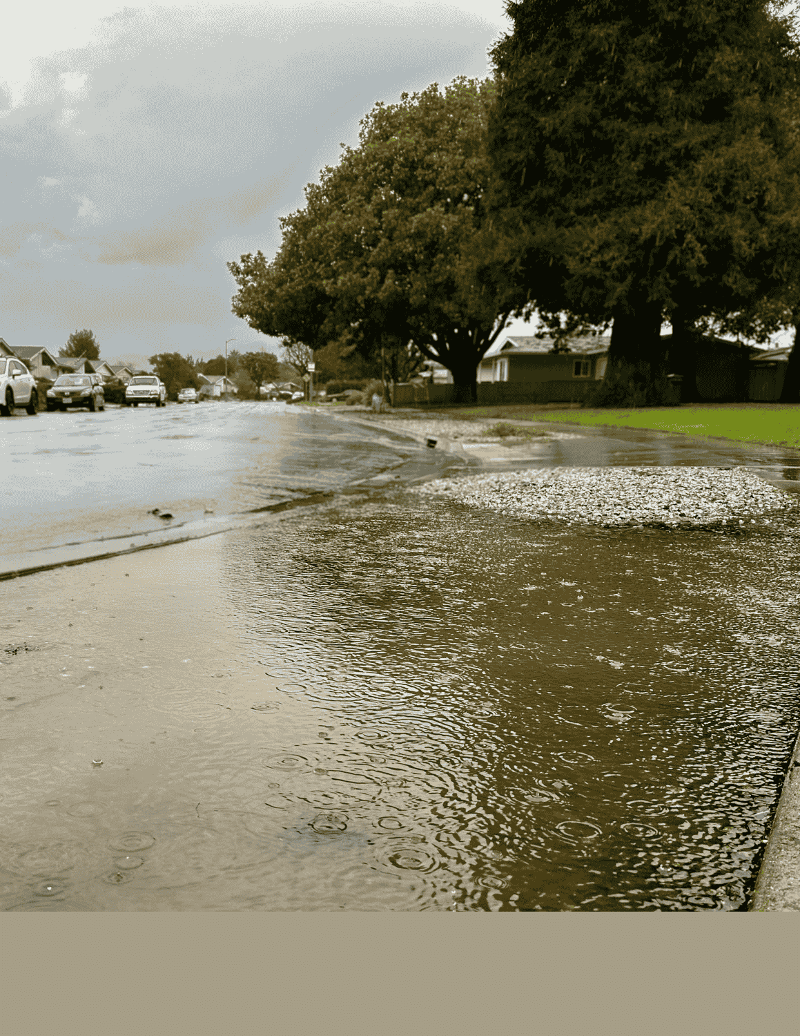 A sidewalk in a residential neighborhood with standing water and visible rain drops 