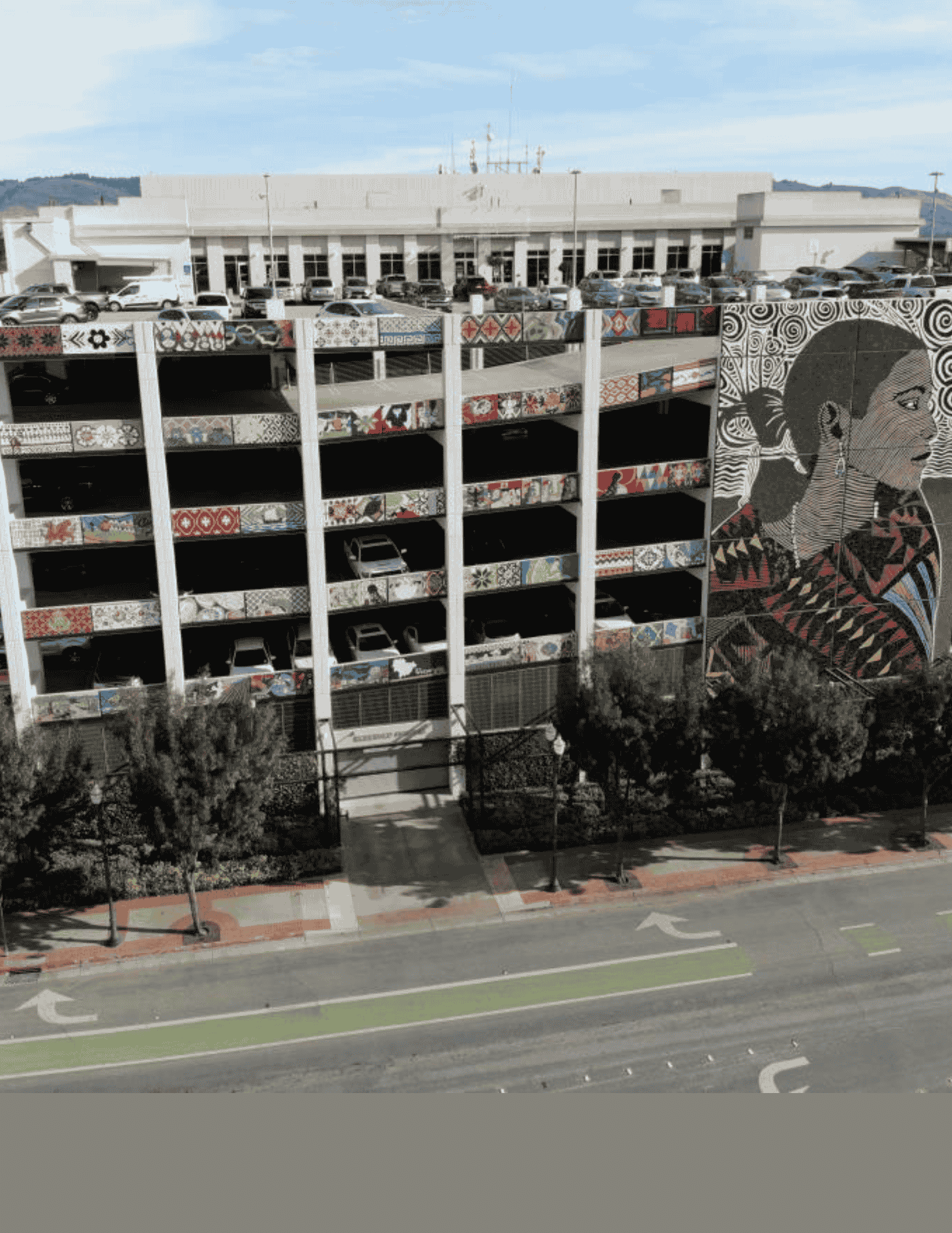 Drone photo of the Civic Plaza and the mosaics that were recently installed on the building 