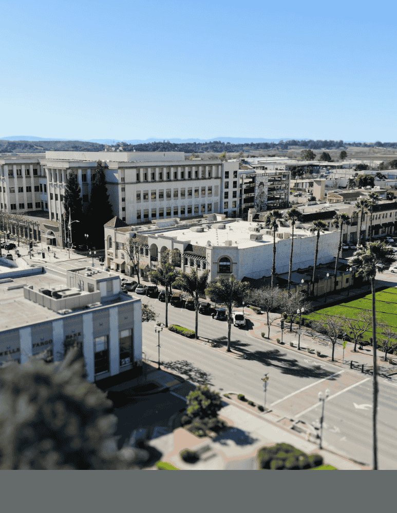 aerial photo of downtown Watsonvill near the City Plaza and Wells Fargo Bank 