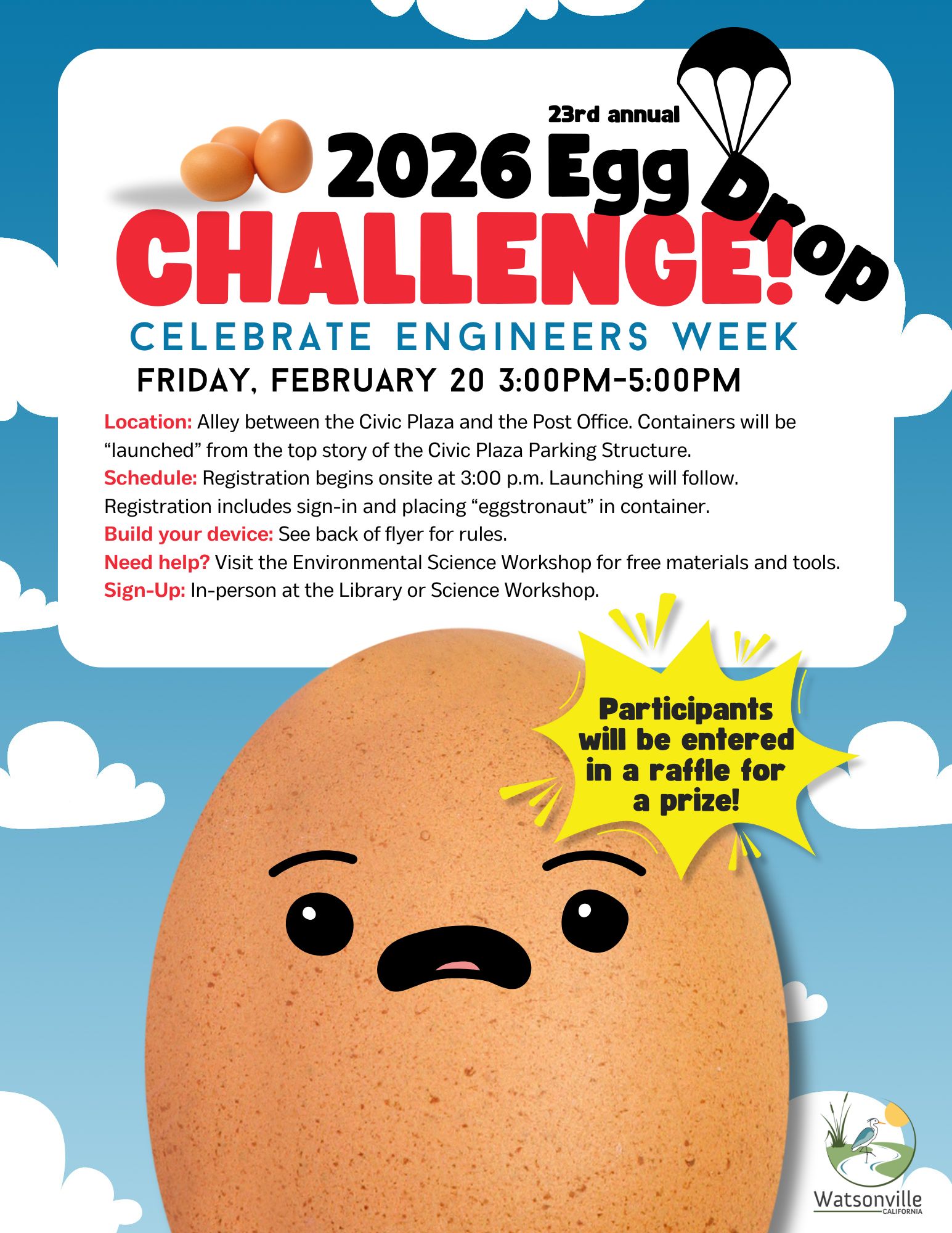 Image of flyer promoting Egg Drop event 2026 - Friday, February 20th 3pm-5pm